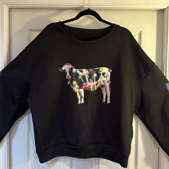 SHEIN Christmas Lights Cow Black Sweatshirt Plus Size XL - Picture 1 of 8